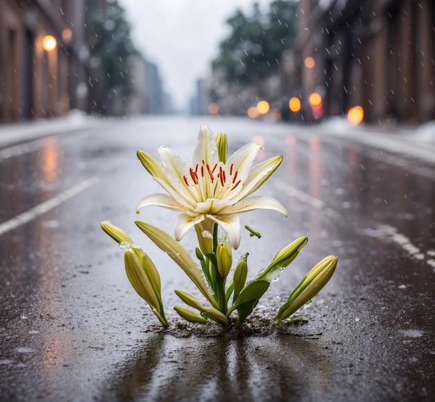 White lily on the background of the street in the rain