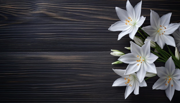Фото Белые цветы лилии на деревянном фоне верхний вид с копировальным пространством