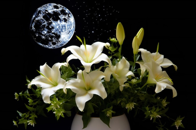 Foto fiori di giglio bianco in vaso con luna su sfondo nero