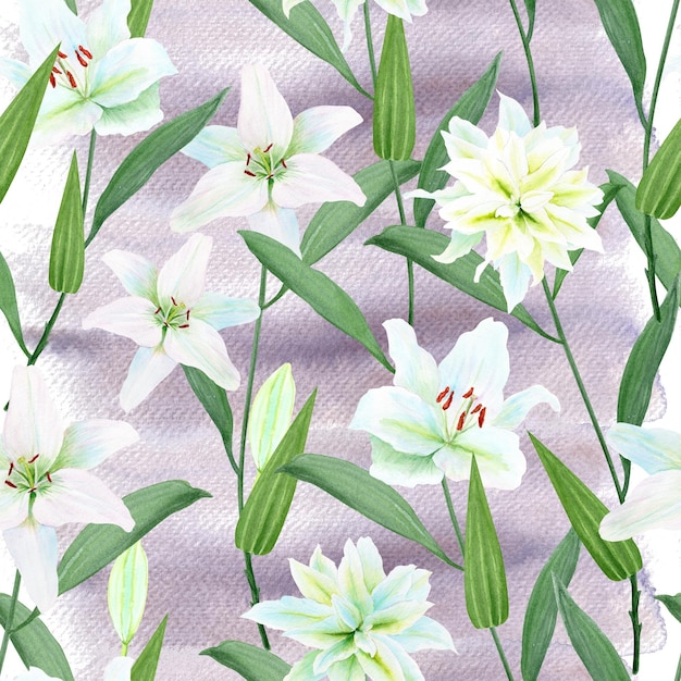 white lily flowers with green stems watercolor seamless pattern isolated on white high quality clip art perfect for cards posters stickers easter christening spring mothers day wedding cards