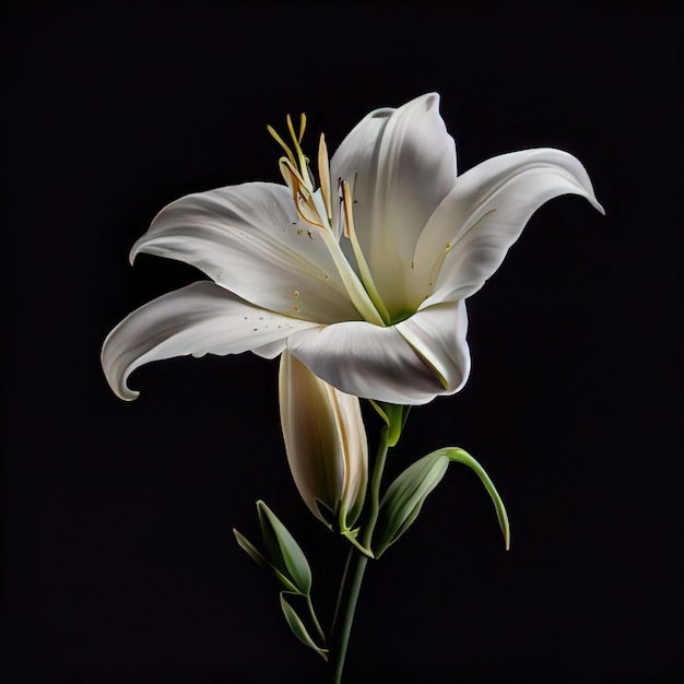 A white lily is shown with the stem and leaves on it.