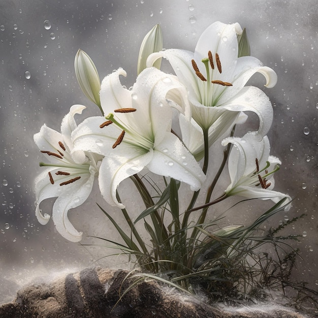 A white lily is in a wet, rainy environment.