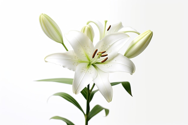 A white lily with green leaves and a stem