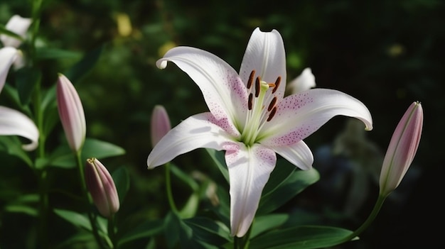 A white lily with pink spots is in a garden.