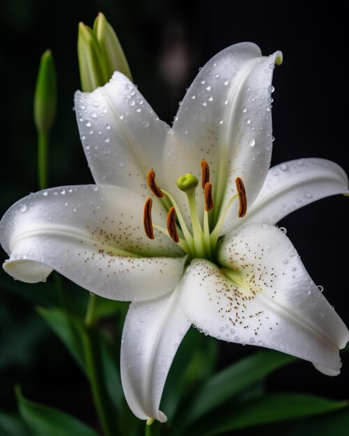 A white lily with the rain drops on it