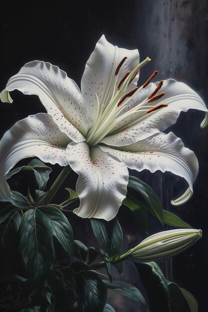 A white lily with red spots is shown on a dark background.