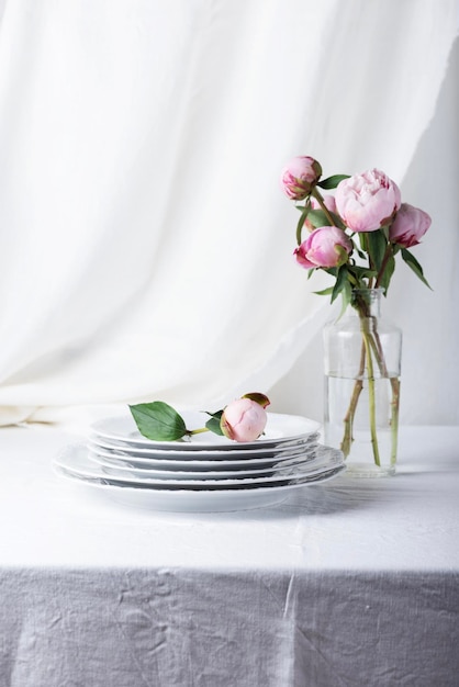 White linen and pink peony