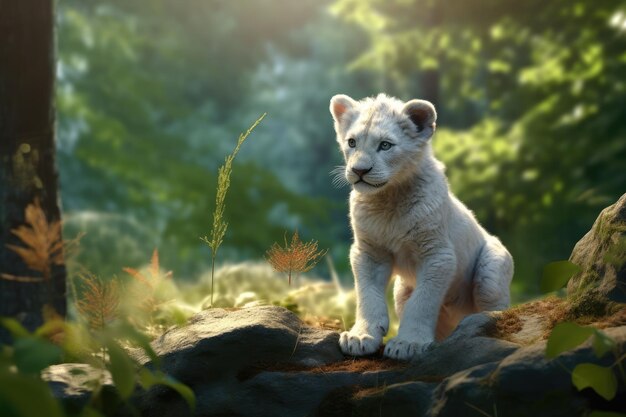 White lion cub on a rock