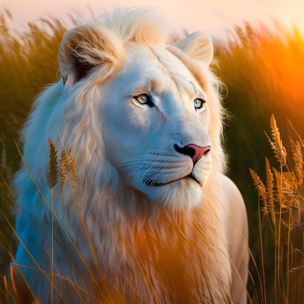 A white lion in a field of tall grass