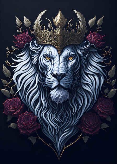 White lion head wearing a crown with a golden pattern hyperdetailed illustration