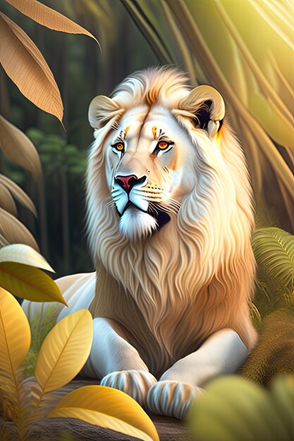 White lion in the jungle peeking out of the thicket