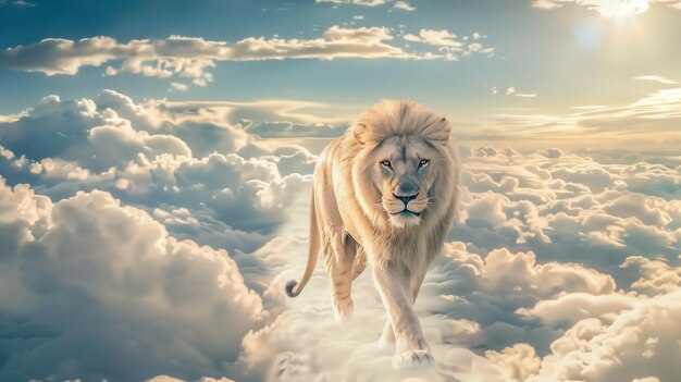 Photo white lion walking through clouds