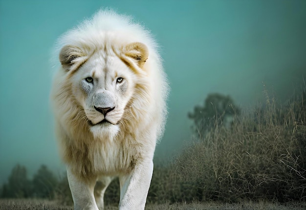 A white lion with a blue background