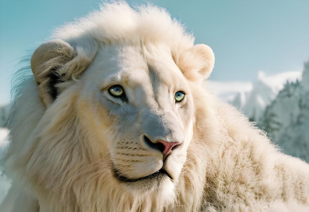 A white lion with blue eyes and a blue sky behind it