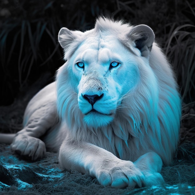 A white lion with blue eyes is laying in the grass