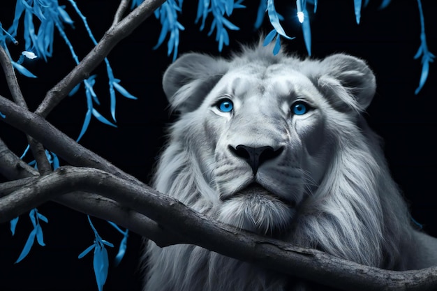 White lion with blue eyes on a tree branch Black background