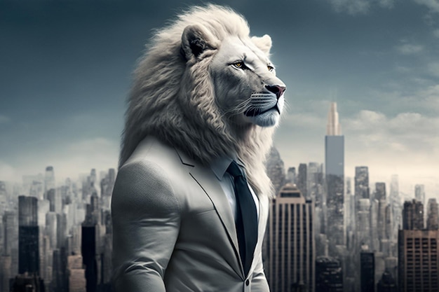 A white lion with a hat and a suit on the top of a building.