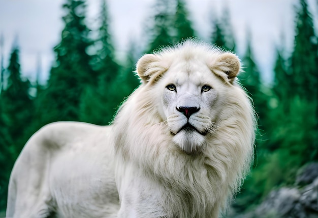 A white lion with a white mane stands in front of a forest.