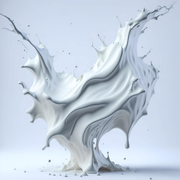 A white liquid is in the air and is made by the word milk.