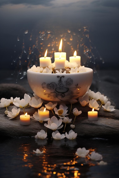Белая зажженная ароматическая свеча в форме сердца и гальки на синем фоне Поздравительная открытка на свадьбу или праздник Генеративный AI