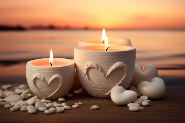 White lit aroma candle heart and pebbles on stone background Greeting card for wedding or celebretion