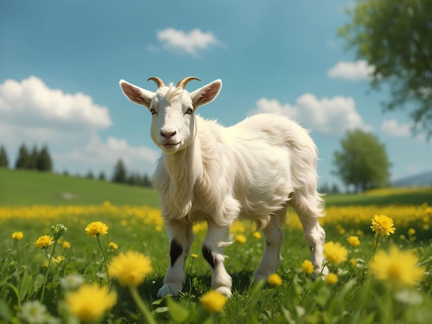 Белый козел, стоящий на зеленой траве с желтыми одуванчиками в солнечный день