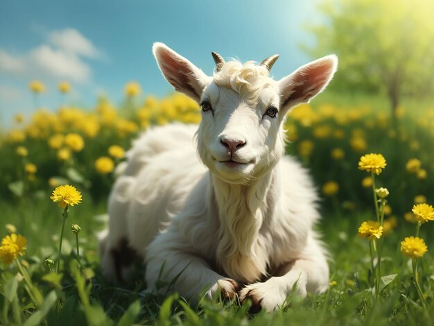 White little goat standing on green grass with yellow dandelions on a sunny day