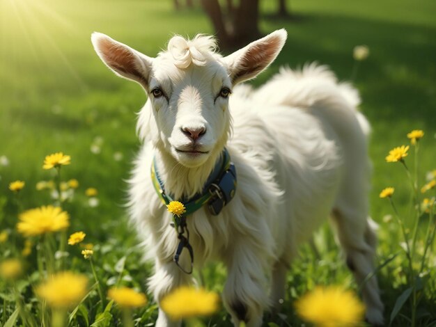 White little goat standing on green grass with yellow dandelions on a sunny day