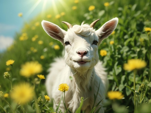 Белый козел, стоящий на зеленой траве с желтыми одуванчиками в солнечный день