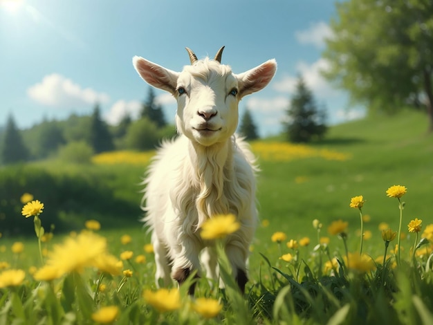 White little goat standing on green grass with yellow dandelions on a sunny day