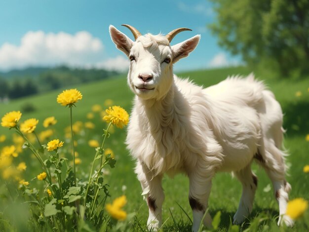 White little goat standing on green grass with yellow dandelions on a sunny day