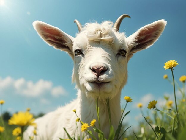 White little goat standing on green grass with yellow dandelions on a sunny day