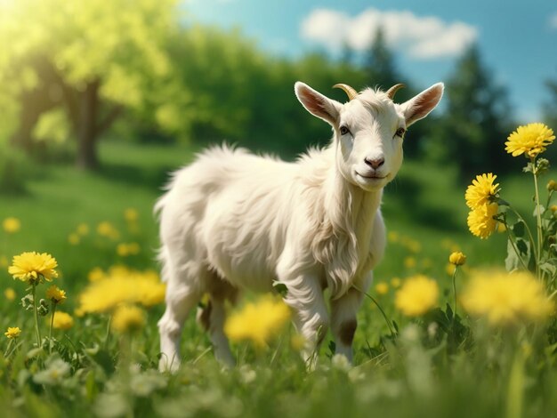 White little goat standing on green grass with yellow dandelions on a sunny day