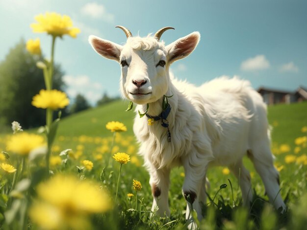 White little goat standing on green grass with yellow dandelions on a sunny day