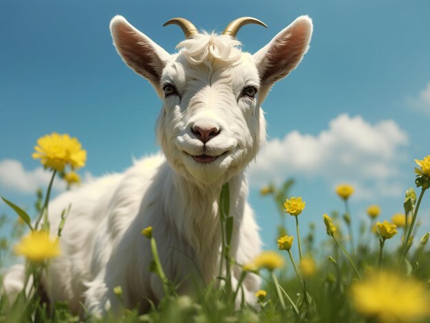 White little goat standing on green grass with yellow dandelions on a sunny day