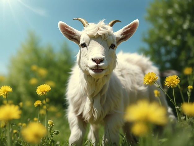 晴れた日に黄色いタンポポと緑の草の上に立つ白い小さなヤギ