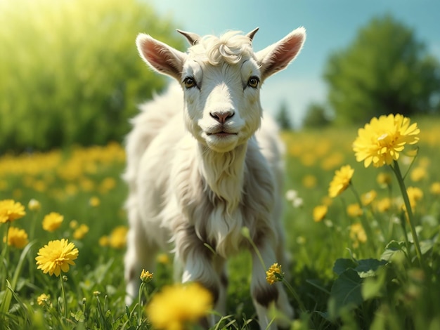 White little goat standing on green grass with yellow dandelions on a sunny day