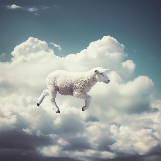 하얀 어린 양이 푸른 하늘 판타지 배경 꿈에서 하얀 푹신한 구름 위를 걷는다