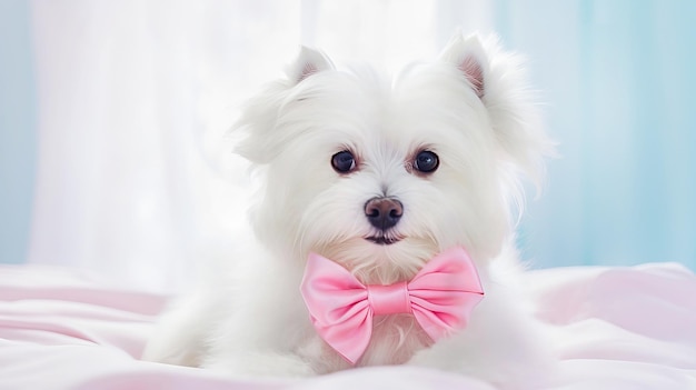 Foto un piccolo cane domestico bianco con un arco di satin rosa legato si siede su un letto con una copertina rosa