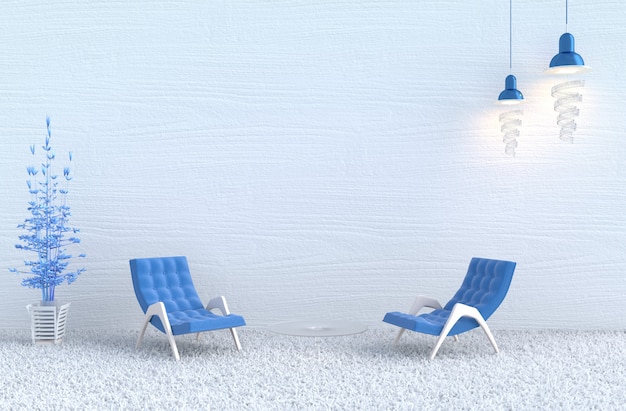 White living room, blue arm chair,white wood wall, Branch tree,carpet.Christmas,new year. 