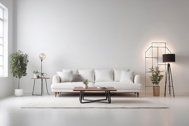 White living room furniture in a white photography studio with commercial lighting in the corner