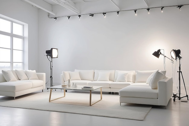 White living room furniture in a white photography studio with commercial lighting in the corner