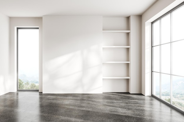 White living room interior with empty shelf and window Mockup empty wall