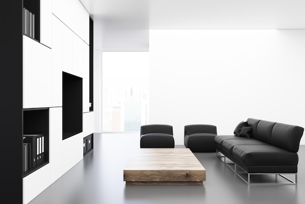 White living room interior with a long black sofa, a square coffee table, and a TV set. 3d rendering mock up