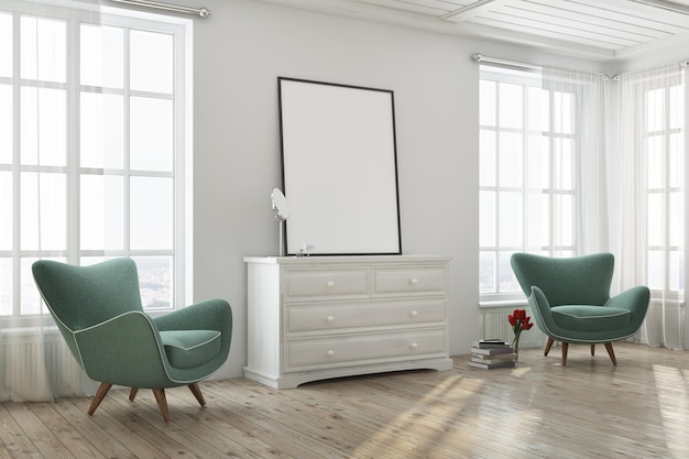 White living room interior with a wooden floor, tall windows and two green armchairs near a dresser with a poster on it. 3d rendering mock up