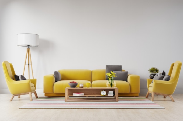 White living room interior with Yellow fabric sofa, lamp and plants on empty white wall background.