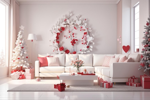 Белая гостиная любви в День святого Валентина и Новый год 3d render