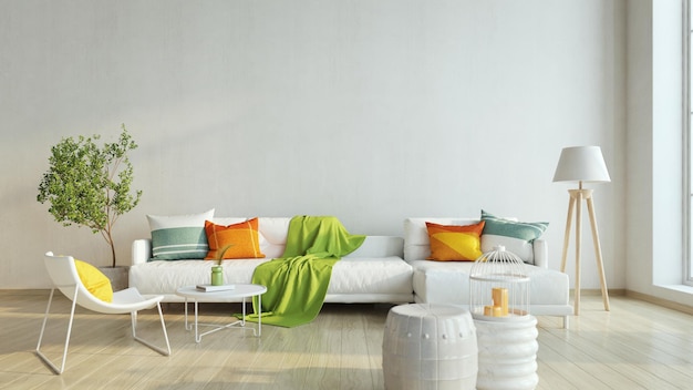 Photo white living room in modern style with white furniture and colourful pillows