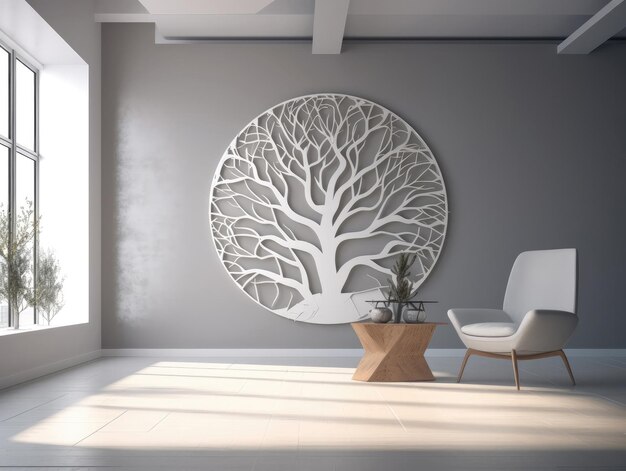 사진 기하학적 스타일 트리 인테리어 디자인 생성 ai가 있는 흰색 거실 벽
