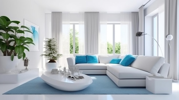 A white living room with a blue rug Generative AI image